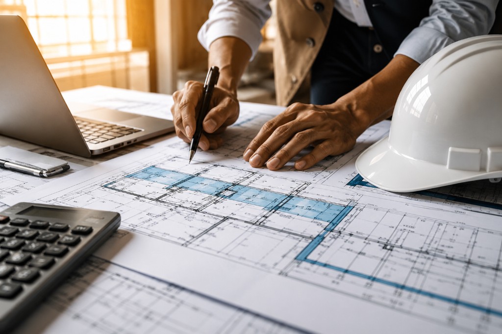 Close-up of hands reviewing architectural floor plans at a desk with a white hard hat, calculator, and laptop