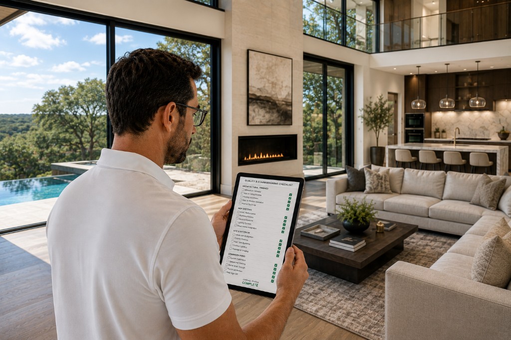 Person holding a tablet displaying a Quality & Commissioning Checklist inside a finished luxury home with pool and hillside views