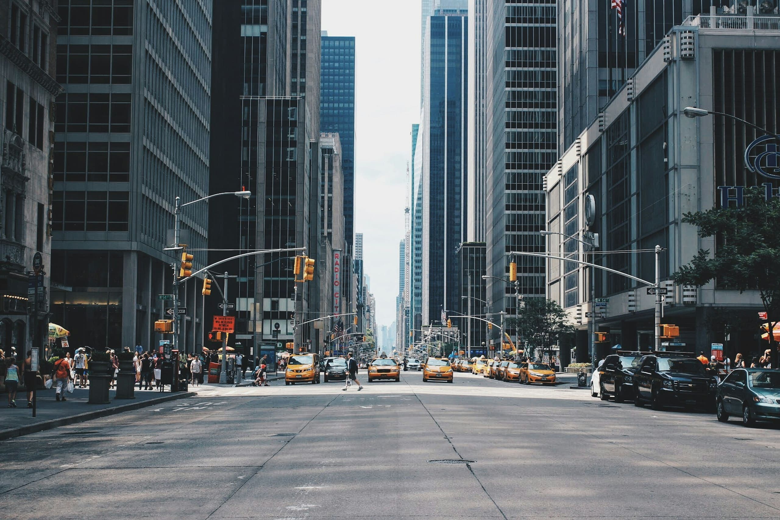Modern commercial skyline establishing shot